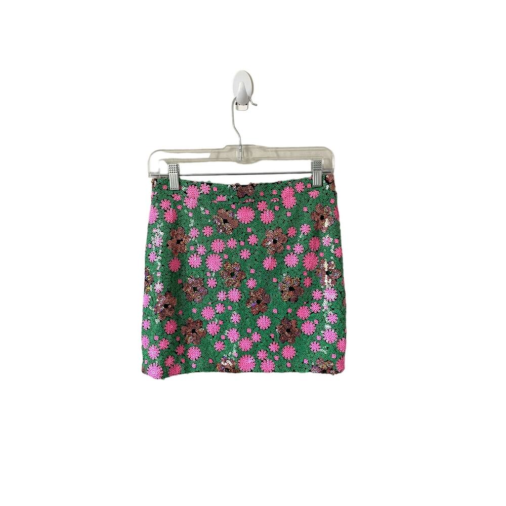 Topshop Floral Sequin Mini Skirt Green Pink Bronze Size 6